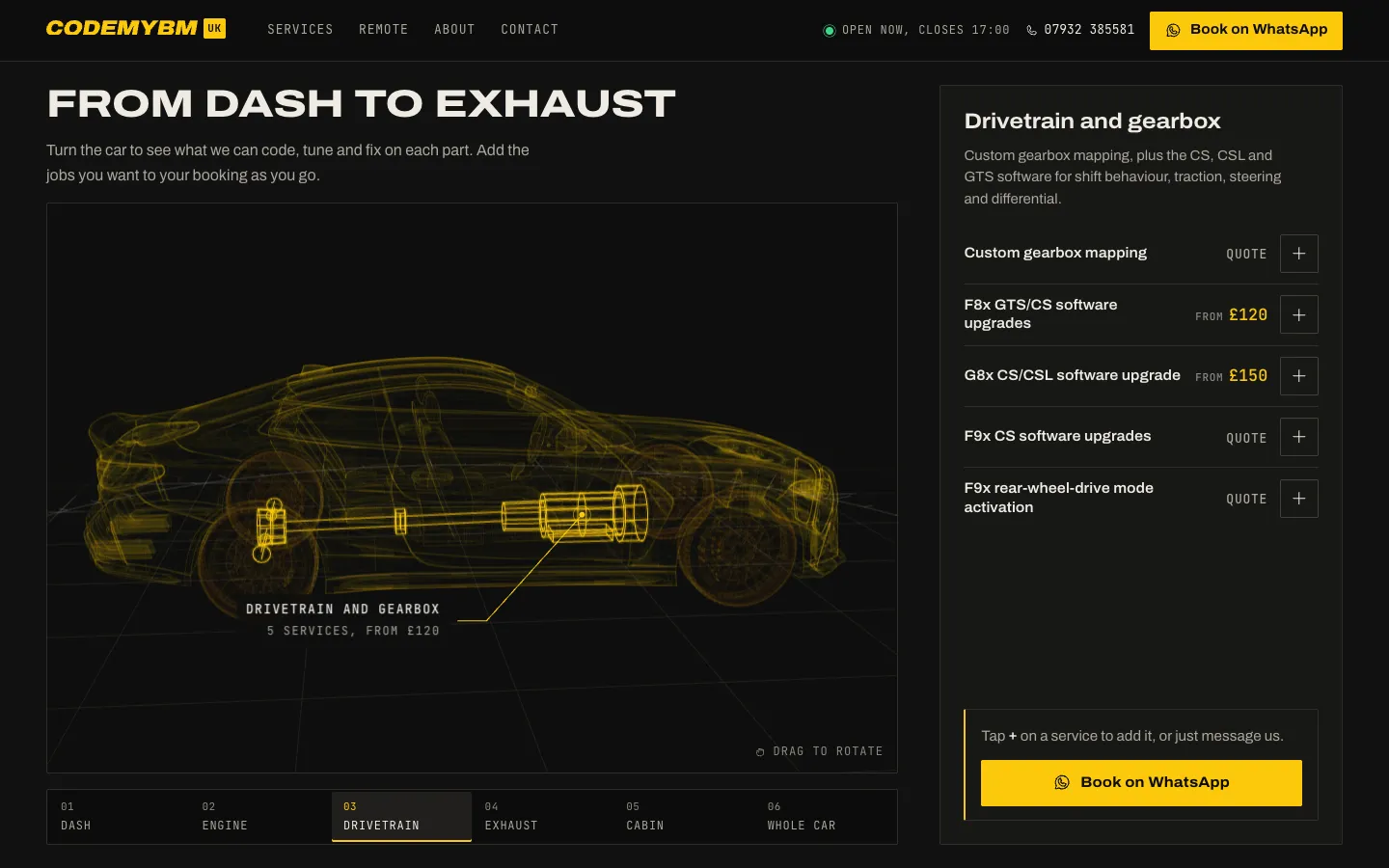The wireframe car in X-ray view on the drivetrain zone, with gearbox services listed beside it.