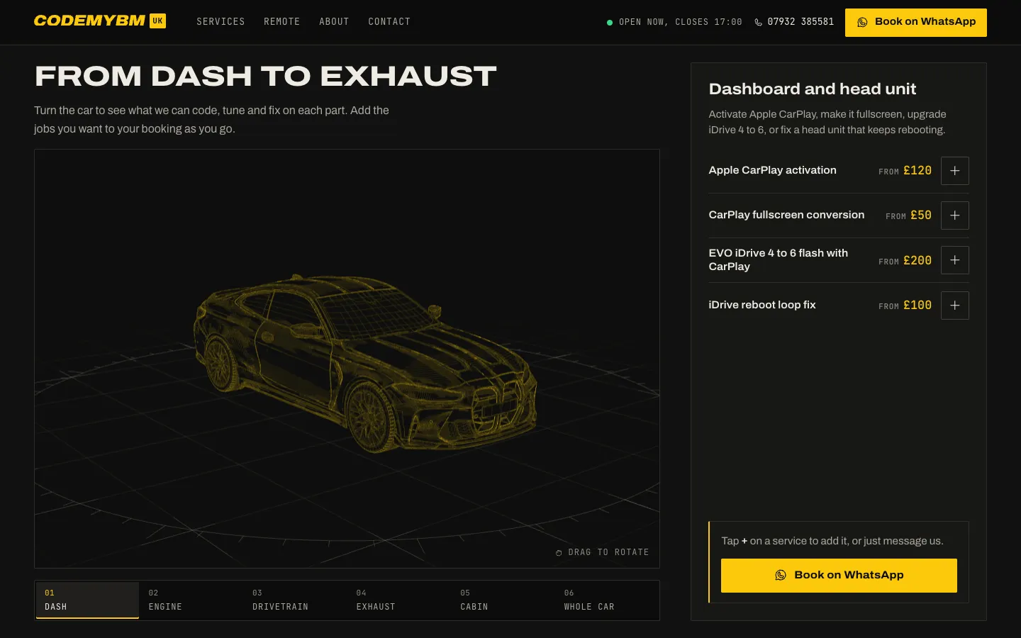 The "From dash to exhaust" section: a yellow wireframe BMW M4 CSL with a panel of dashboard services and prices.