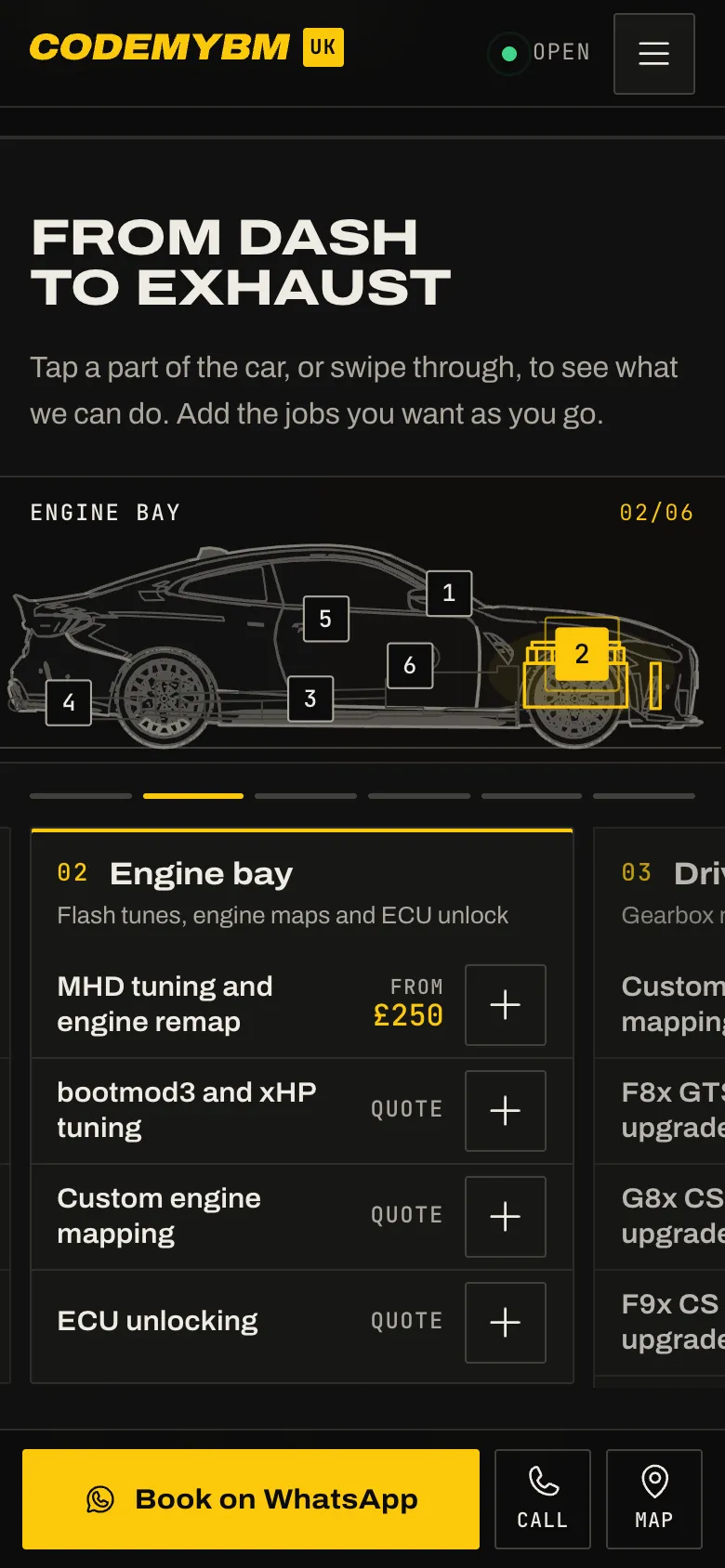 The car zones on a phone: a flat line drawing of the car instead of 3D, with engine-bay services below.
