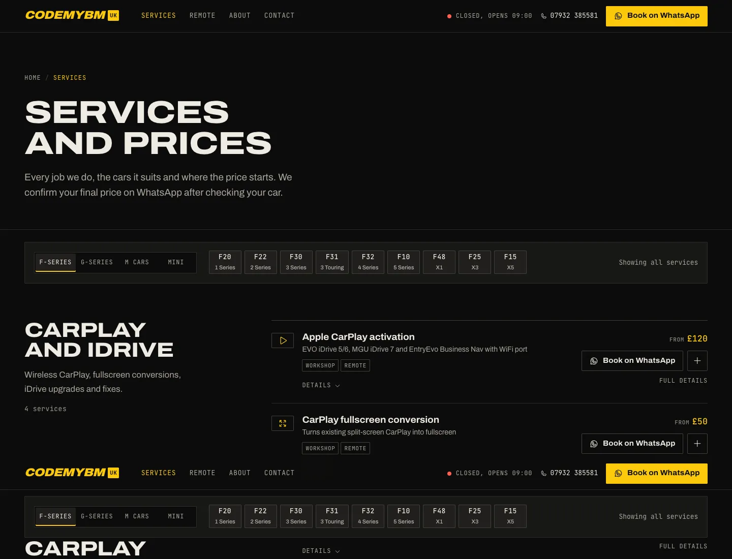 The services index of the rebuilt CODEMYBM UK site.