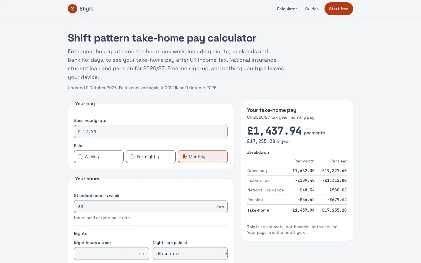 The Shyft take-home pay calculator: hourly rate, hours and a monthly breakdown of £1,437.94 take-home.