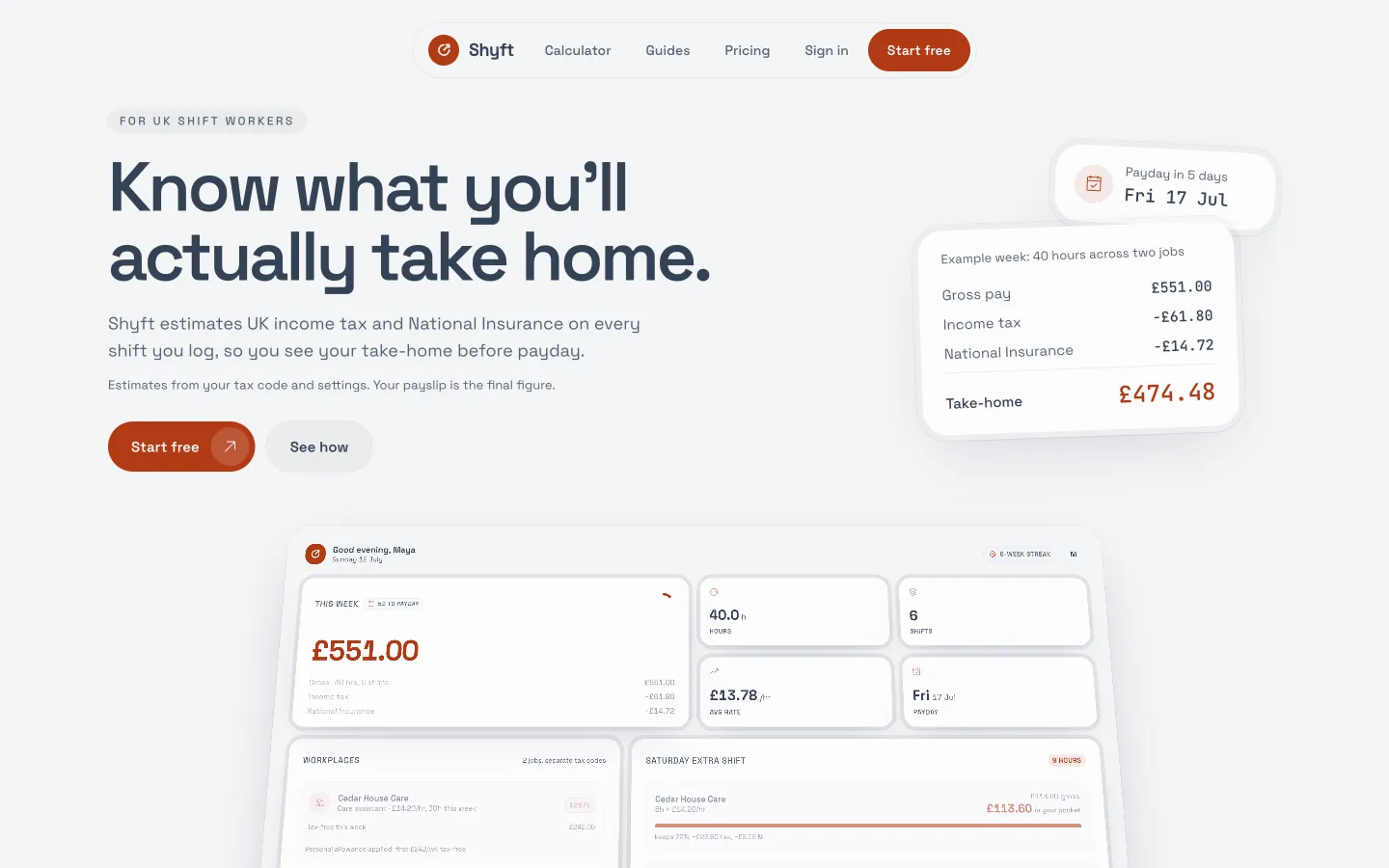The Shyft landing page: "Know what you'll actually take home", with a payslip card showing £474.48 take-home.