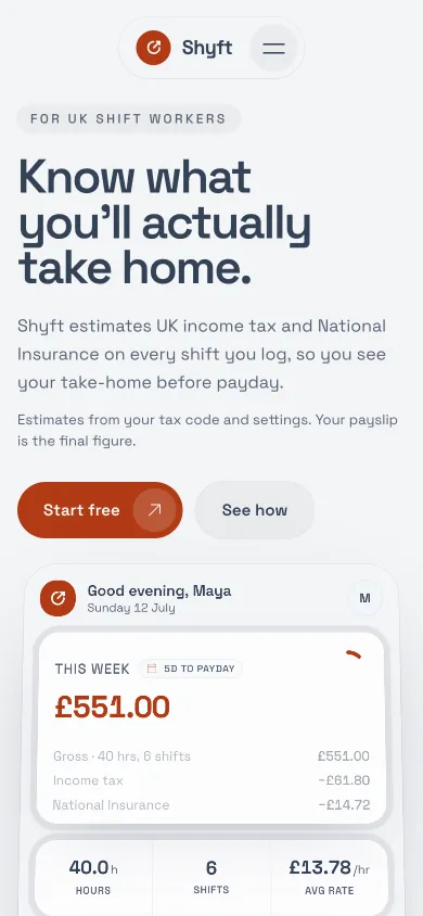 The Shyft landing page on a phone, with a This Week card showing £551.00 gross.
